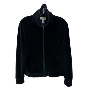 Talbots Petites M Black Velour Velvet Full-Zip Workout Jacket Athleisure Lounge